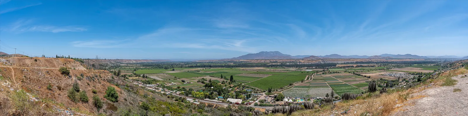 Panorámica de un fondo de valle verde con viñas, huertos y un caserío junto al camino, entre terrazas de laderas desnudas y cerros al fondo; en primer plano, cactus columnares.