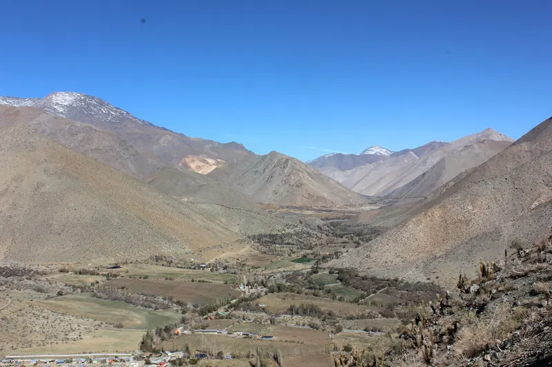Cultivos y casas en el fondo de un valle angosto, entre laderas áridas con cactáceas, con cumbres nevadas al fondo