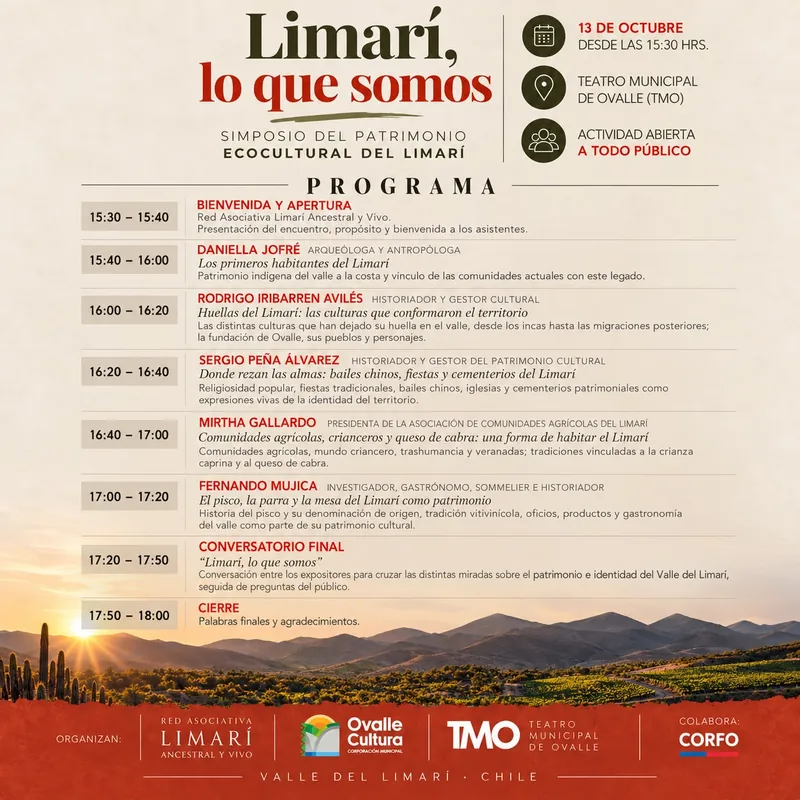 Afiche de fondo crema con el título «Limarí, lo que somos» en letras oscuras y rojas, la fecha, el lugar y el horario de cada charla, y al pie un paisaje de cerros, quiscos y viñedos al atardecer