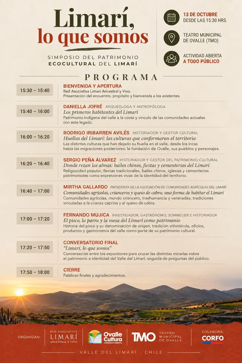 Afiche con el título del simposio en letras grandes, los datos de fecha, lugar y acceso, el programa de la tarde y, al pie, una franja de viñedos y cerros al atardecer