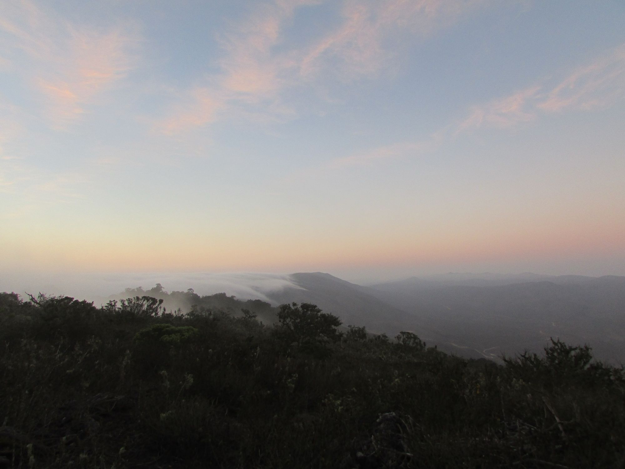 Atardecer. La camanchaca se derrama sobre una loma, vista desde Fray Jorge.