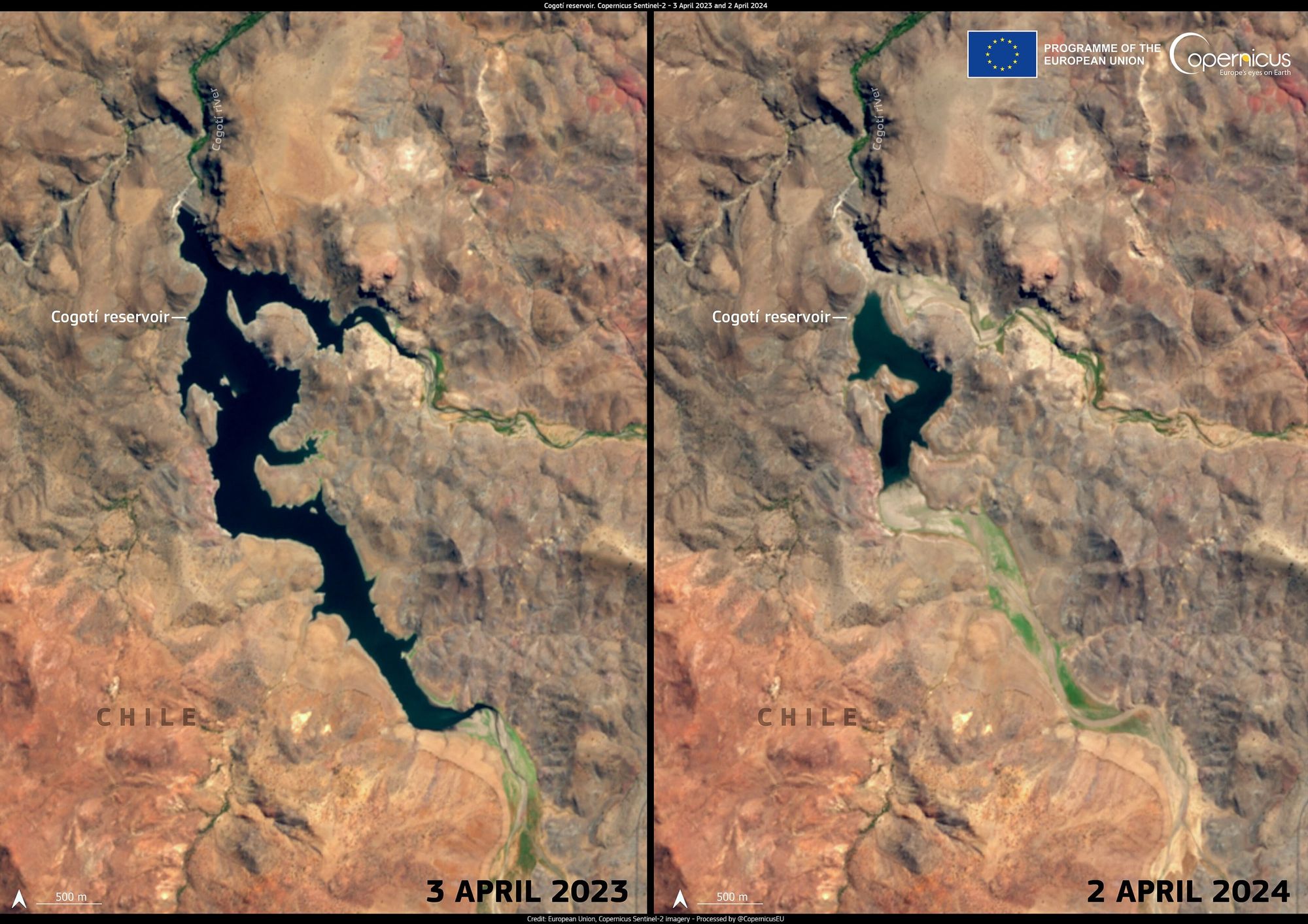 Embalse Cogotí desde el satélite. Sentinel-2, 3 de abril de 2023 y 2 de abril de 2024.