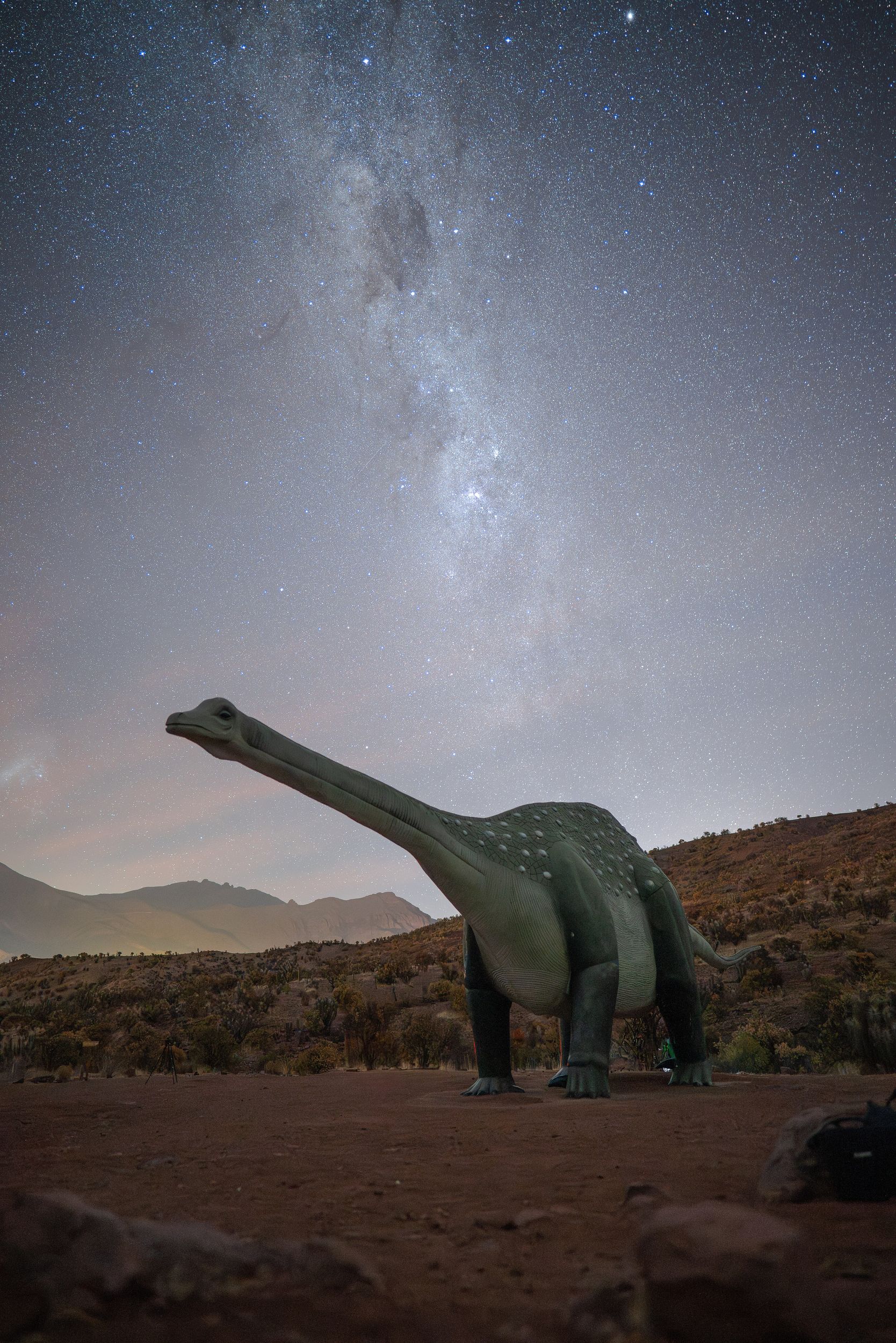 Pichasca de noche. Réplica de titanosaurio bajo la Vía Láctea.